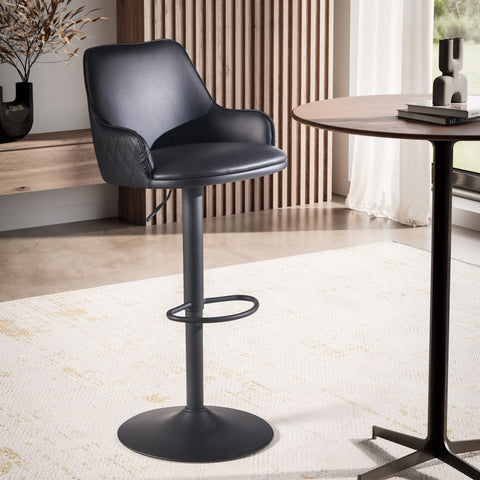 Rootz Modern Design Bar Stool - Counter Stool - Swivel Stool - Diamond Quilting - 45cm x 86-106cm x 45cm - Black - 360° Rotation - Metal Base - Footrest - 100kg Capacity - Artificial Leather - Easy to Clean