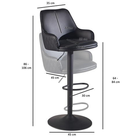 Rootz Modern Design Bar Stool - Counter Stool - Swivel Stool - Diamond Quilting - 45cm x 86-106cm x 45cm - Black - 360° Rotation - Metal Base - Footrest - 100kg Capacity - Artificial Leather - Easy to Clean