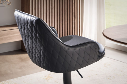 Rootz Modern Design Bar Stool - Counter Stool - Swivel Stool - Diamond Quilting - 45cm x 86-106cm x 45cm - Black - 360° Rotation - Metal Base - Footrest - 100kg Capacity - Artificial Leather - Easy to Clean