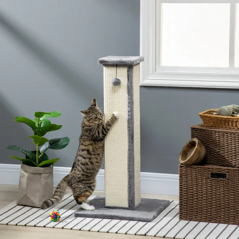 Rootz Cat Scratching Post with Toy Ball - Cat Scratcher - Plush - Sisal - Hanging Ball - Cream + Gray - 41cm x 41cm x 81cm