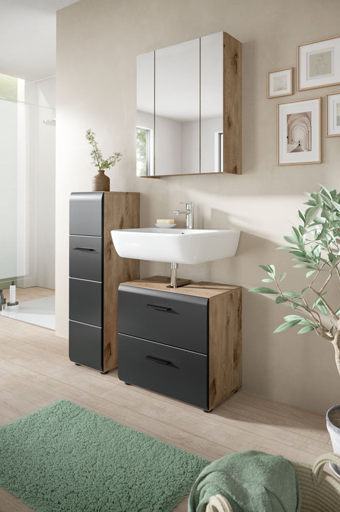 Rootz 3-Piece Bathroom Set - Vanity Combo - Storage Unit - Sleek MDF - Black and Brown - 105x185x30cm