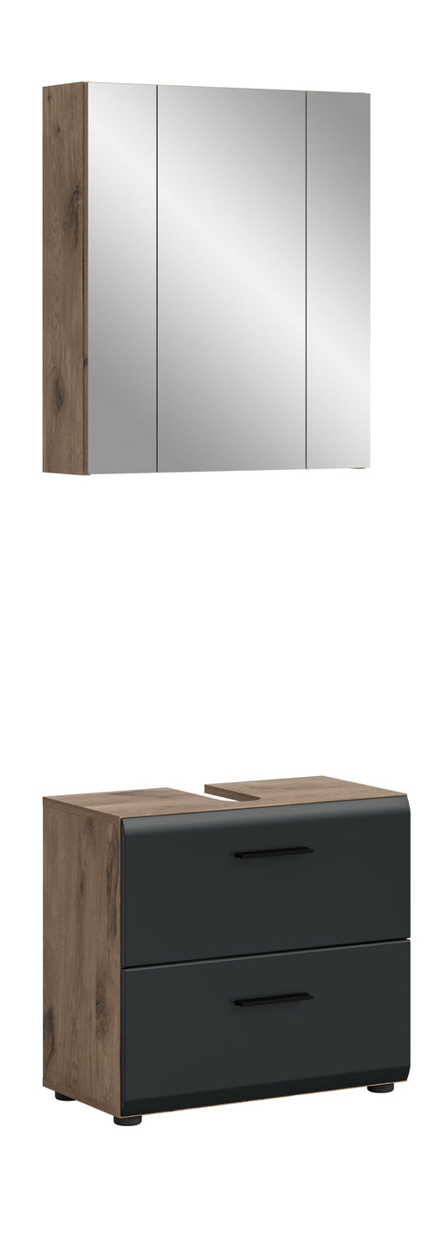 Rootz Bathroom Combination Set - Vanity Unit - Mirror Cabinet - Space-Saving - Black and Brown - 60x185x30 cm