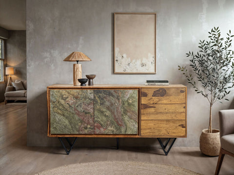 Rootz Modern Sideboard - Stylish Storage Cabinet - 3D Stone-Look Doors - Handcrafted Unique Design - 150cm x 55cm x 40cm