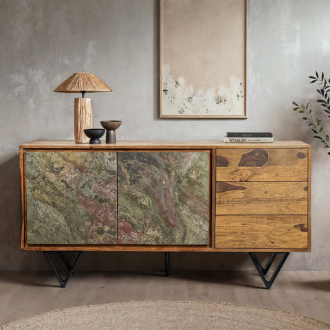 Rootz Modern Sideboard - Stylish Storage Cabinet - 3D Stone-Look Doors - Handcrafted Unique Design - 150cm x 55cm x 40cm