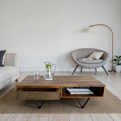 Rootz Rectangular Coffee Table - Industrial Design - Solid Wood - Durable Storage - 115cm x 60cm x 38cm