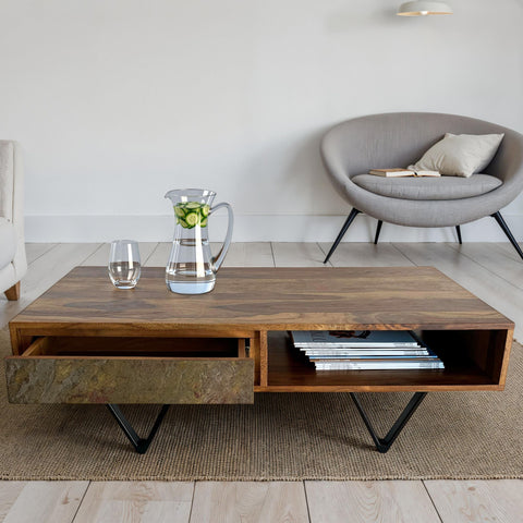Rootz Rectangular Coffee Table - Industrial Design - Solid Wood - Durable Storage - 115cm x 60cm x 38cm