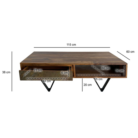 Rootz Rectangular Coffee Table - Industrial Design - Solid Wood - Durable Storage - 115cm x 60cm x 38cm