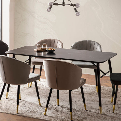 Rootz Modern Dining Table - Rectangular Table - Marble Look - Seats Six - 120cm x 60cm x 76cm - Black & Gold - Foiled MDF & Iron