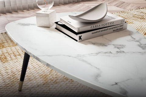 Rootz Triangular Sofa Table - Modern Coffee Table - Stylish Living Room Table - Marble Look - 90cm x 60cm x 41cm