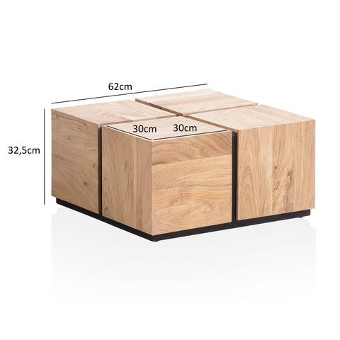 Rootz Salontafel - Monobloc Banktafel - Woonkamertafel - Massief Acaciahout - Handgemaakt - Uniek ontwerp - Beschermende blanke lak - 62 cm x 62 cm x 32,5 cm