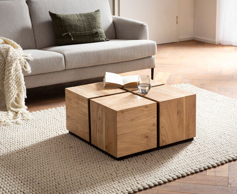 Rootz Salontafel - Monobloc Banktafel - Woonkamertafel - Massief Acaciahout - Handgemaakt - Uniek ontwerp - Beschermende blanke lak - 62 cm x 62 cm x 32,5 cm