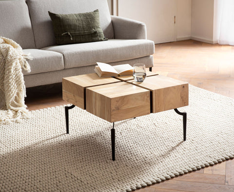 Rootz Coffee Table - Solid Acacia Wood - Modern Sofa Table - Square Living Room Table - Unique Handcrafted Design - Protective Clear Varnish - Easy Assembly - 60cm x 60cm x 40cm