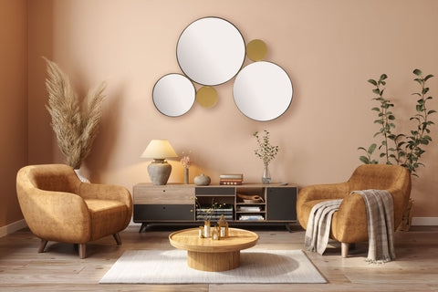 Rootz Modern Design Wall Mirror - Decorative Round Mirrors - Handcrafted - Iron Frame - Gold - 80cm x 60cm x 3cm