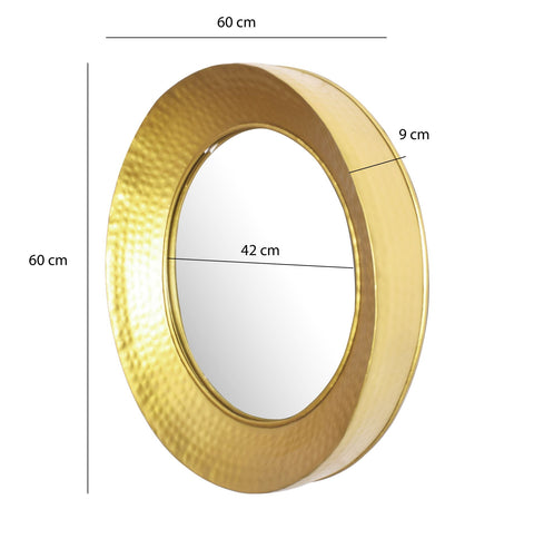 Rootz Round Wall Mirror - Decorative Mirror - Hammered Design - Handcrafted - 60cm x 60cm x 9cm - Gold Frame - Glass and Iron - 42cm Diameter