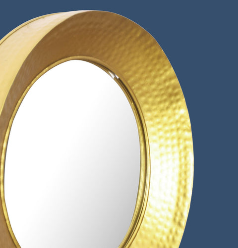 Rootz Round Wall Mirror - Decorative Mirror - Hammered Design - Handcrafted - 60cm x 60cm x 9cm - Gold Frame - Glass and Iron - 42cm Diameter