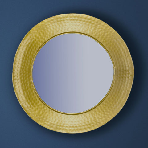 Rootz Round Wall Mirror - Decorative Mirror - Hammered Design - Handcrafted - 60cm x 60cm x 9cm - Gold Frame - Glass and Iron - 42cm Diameter