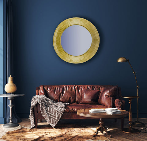 Rootz Round Wall Mirror - Decorative Mirror - Hammered Design - Handcrafted - 60cm x 60cm x 9cm - Gold Frame - Glass and Iron - 42cm Diameter