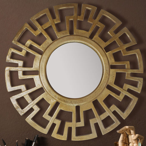 Rootz Art Deco Style Wall Mirror - Decorative Round Mirror - Geometric Frame - Handmade - Gold - 60cm x 60cm x 2.5cm
