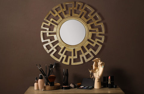 Rootz Art Deco Style Wall Mirror - Decorative Round Mirror - Geometric Frame - Handmade - Gold - 60cm x 60cm x 2.5cm