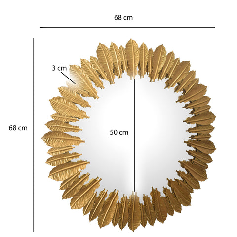 Rootz Round Wall Mirror - Decorative Mirror - Feather Frame - Handcrafted Design - 68cm x 68cm x 3cm - Gold - Glass & Iron - 50cm Diameter