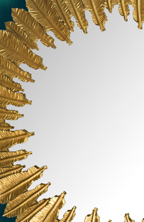 Rootz Round Wall Mirror - Decorative Mirror - Feather Frame - Handcrafted Design - 68cm x 68cm x 3cm - Gold - Glass & Iron - 50cm Diameter