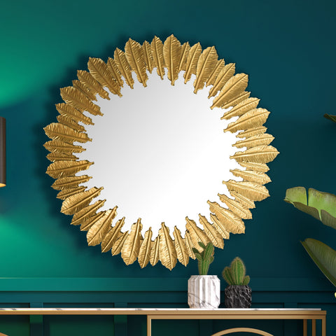 Rootz Round Wall Mirror - Decorative Mirror - Feather Frame - Handcrafted Design - 68cm x 68cm x 3cm - Gold - Glass & Iron - 50cm Diameter
