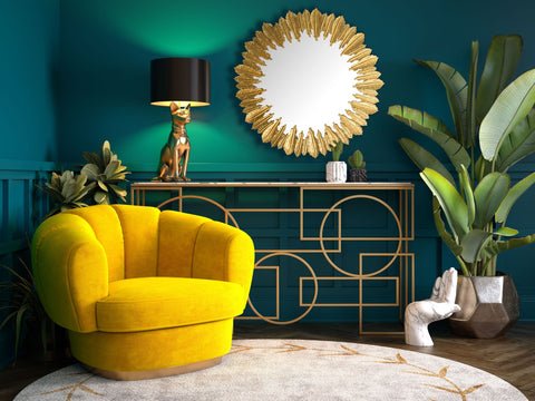 Rootz Round Wall Mirror - Decorative Mirror - Feather Frame - Handcrafted Design - 68cm x 68cm x 3cm - Gold - Glass & Iron - 50cm Diameter