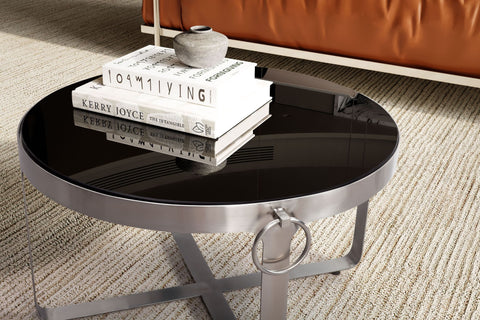 Rootz Modern Design Coffee Table - Round Table - Contemporary Table - Black Mirrored Top - Handcrafted - 60cm x 60cm x 34cm