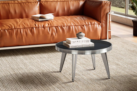 Rootz Modern Design Coffee Table - Round Table - Mirrored Table - Unique Handmade Piece - Black/Silver - 60cm x 60cm x 33cm