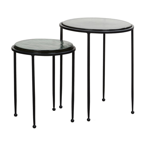Rootz Modern Design Side Table Set - 2 Tables - Green and Black Transparent Table Tops - Metal Frames - 45cm x 45cm x 52cm & 37cm x 37cm x 42cm