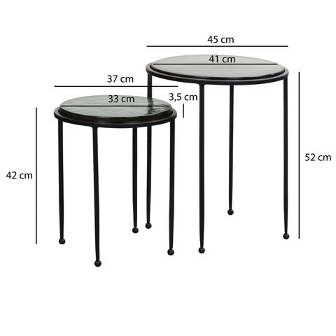 Rootz Modern Design Side Table Set - 2 Tables - Green and Black Transparent Table Tops - Metal Frames - 45cm x 45cm x 52cm & 37cm x 37cm x 42cm