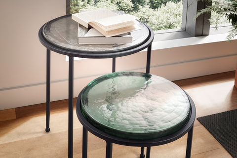 Rootz Modern Design Side Table Set - 2 Tables - Green and Black Transparent Table Tops - Metal Frames - 45cm x 45cm x 52cm & 37cm x 37cm x 42cm