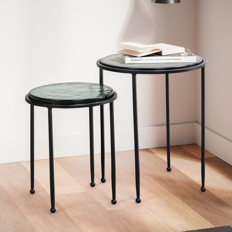 Rootz Modern Design Side Table Set - 2 Tables - Green and Black Transparent Table Tops - Metal Frames - 45cm x 45cm x 52cm & 37cm x 37cm x 42cm