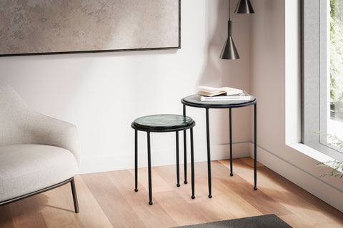 Rootz Modern Design Side Table Set - 2 Tables - Green and Black Transparent Table Tops - Metal Frames - 45cm x 45cm x 52cm & 37cm x 37cm x 42cm