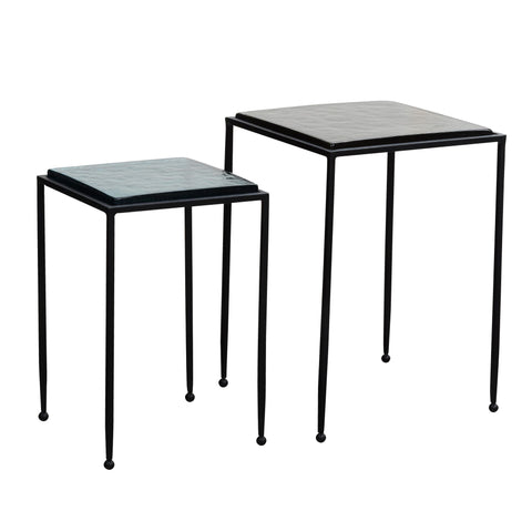 Rootz Modern Design Side Table Set - End Tables - Accent Tables - Aqua Blue & Black Glass Tops - Powder-Coated Iron Frames - 39 x 39 x 55 cm & 32 x 32 x 48 cm