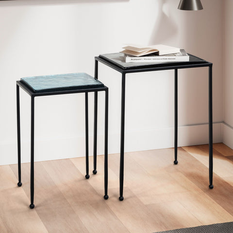 Rootz Modern Design Side Table Set - End Tables - Accent Tables - Aqua Blue & Black Glass Tops - Powder-Coated Iron Frames - 39 x 39 x 55 cm & 32 x 32 x 48 cm