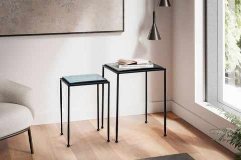 Rootz Modern Design Side Table Set - End Tables - Accent Tables - Aqua Blue & Black Glass Tops - Powder-Coated Iron Frames - 39 x 39 x 55 cm & 32 x 32 x 48 cm