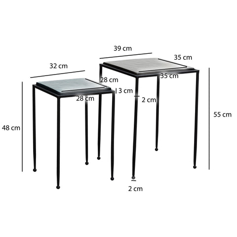 Rootz Modern Design Side Table Set - End Tables - Accent Tables - Aqua Blue & Black Glass Tops - Powder-Coated Iron Frames - 39 x 39 x 55 cm & 32 x 32 x 48 cm
