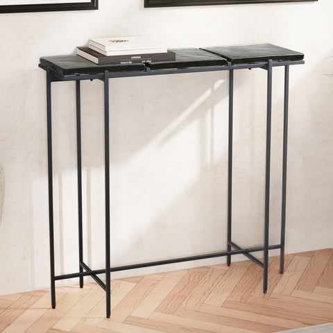 Rootz Modern Console Table - Entryway Table - Sofa Table - Glass Top - Metal Frame - Handmade - 90cm x 29cm x 85cm