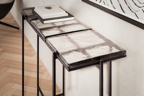 Rootz Modern Console Table - Entryway Table - Sofa Table - Glass Top - Metal Frame - Handmade - 90cm x 29cm x 85cm