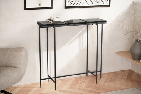 Rootz Modern Console Table - Entryway Table - Sofa Table - Glass Top - Metal Frame - Handmade - 90cm x 29cm x 85cm