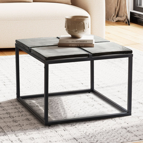 Rootz Modern Design Square Coffee Table - Glass Top - Metal Frame - Handmade - Spacious Storage - 58cm x 58cm x 43.5cm
