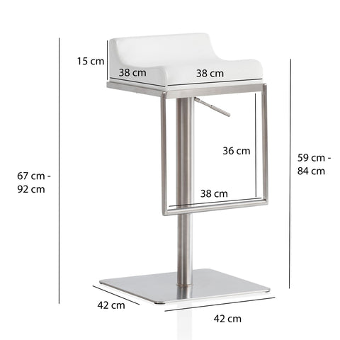 Rootz Modern Bar Stool - White Counter Chair - Bistro Stool - Adjustable Height, Anti-Slip Pads, Easy Care - 42cm x 42cm x 67-92cm