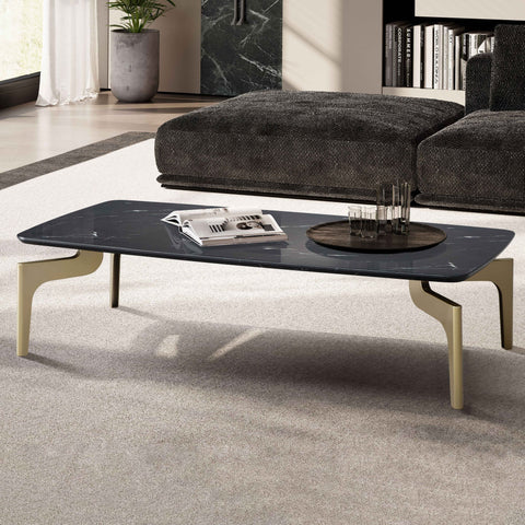 Rootz Modern Design Sofa Table - Rectangular Table - Marble Look - Black & Gold - Large Storage Space - 120cm x 60cm x 30.5cm