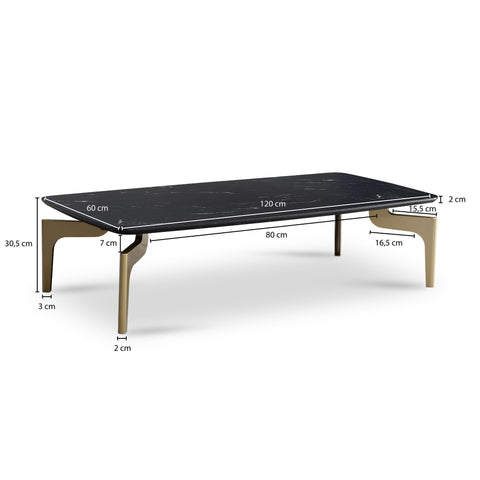 Rootz Modern Design Sofa Table - Rectangular Table - Marble Look - Black & Gold - Large Storage Space - 120cm x 60cm x 30.5cm
