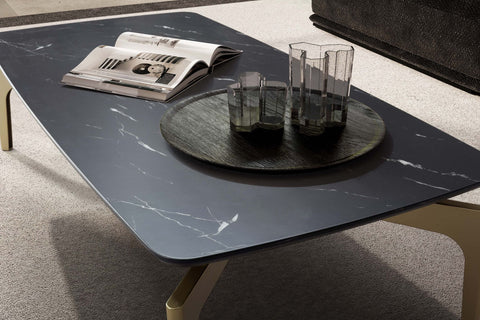 Rootz Modern Design Sofa Table - Rectangular Table - Marble Look - Black & Gold - Large Storage Space - 120cm x 60cm x 30.5cm