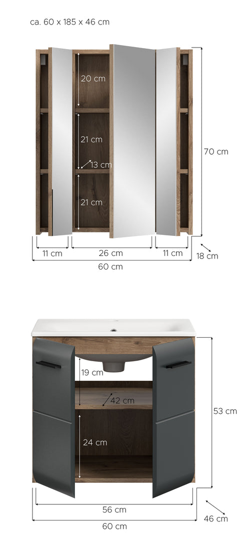 Rootz 3-Piece Bathroom Set - Vanity Unit - Mirror Cabinet - Space-Saving - Dimensions 60x185x46 cm - Black, Brown Finish