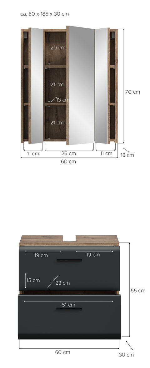 Rootz Bathroom Combination Set - Vanity Unit - Mirror Cabinet - Space-Saving - Black and Brown - 60x185x30 cm