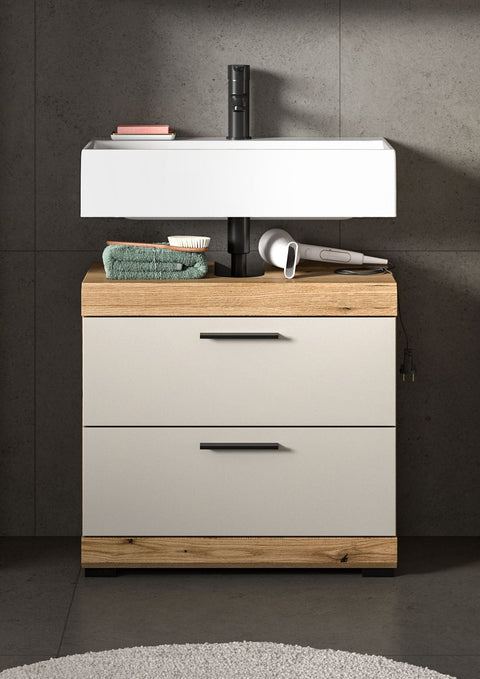 Rootz Vanity Unit - Bathroom Cabinet - Storage Solution - Easy-Care MDF - 60x56x34cm - Evoak Oak & Cashmere Finish