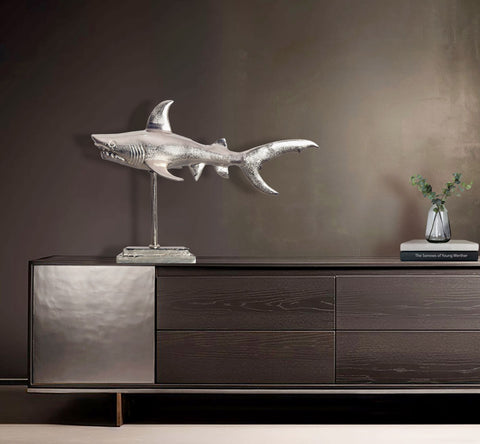 Rootz Decorative Shark Figure - Modern Statue - Unique Handmade Sculpture - Silver Aluminum - 70cm x 49cm x 27cm